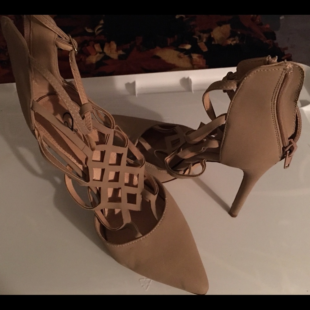 Beige Strappy Zip Up High Heel Shoe, Size 8